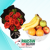 Fresh flowers bouquet with fruit basket